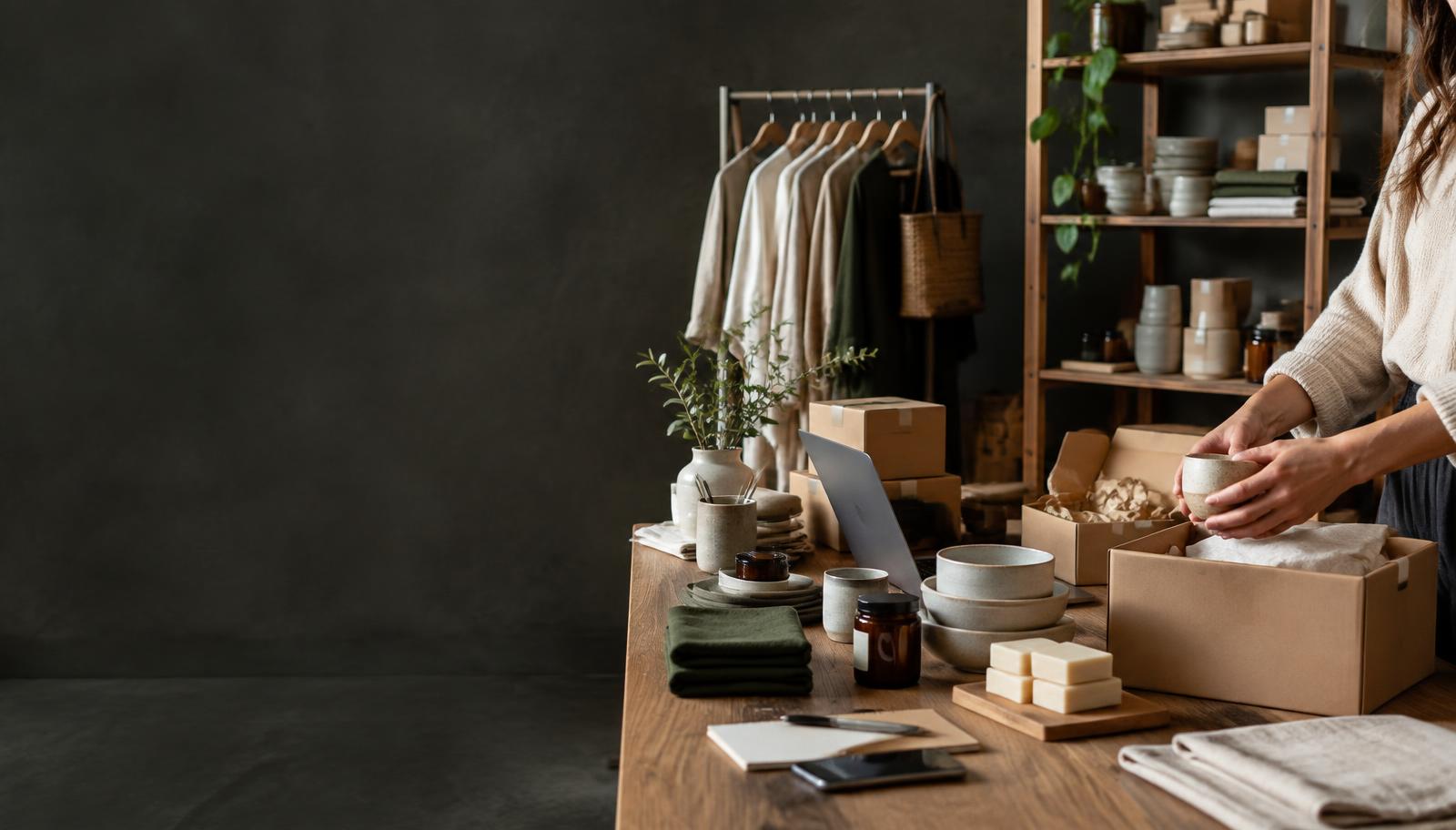 Ecommerce founder packing a customer order beside organised products