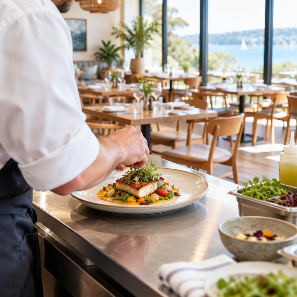 Chef plating a colourful dish in a bright Australian restaurant overlooking the water