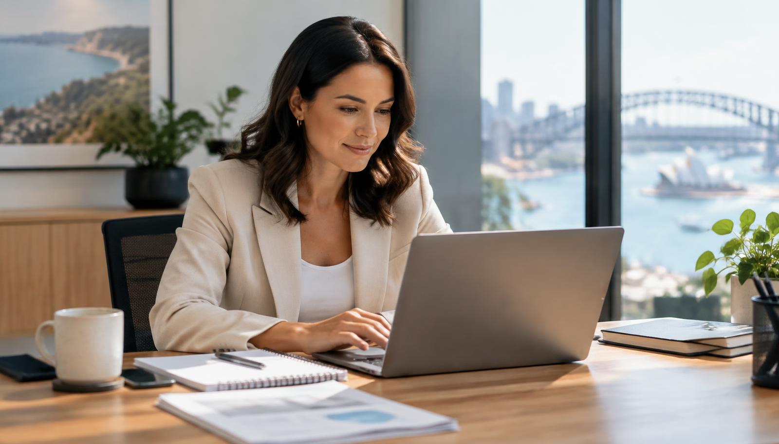 Professional services consultant reviewing client work on a laptop in a bright Sydney office