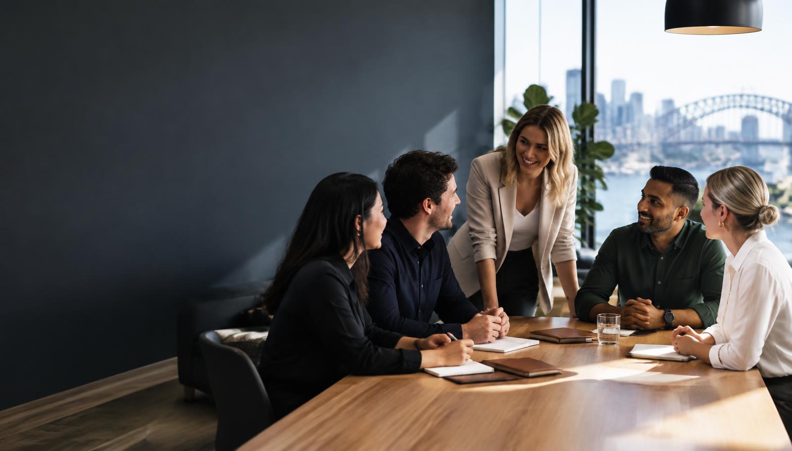 Recruitment team collaborating around a desk in a modern Australian office